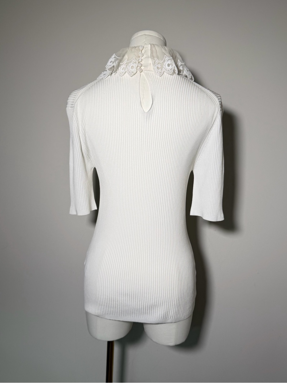 Chloe White Ribbed Short-Sleeve Top with Lace Ruffle Neck - Picture 2 of 6